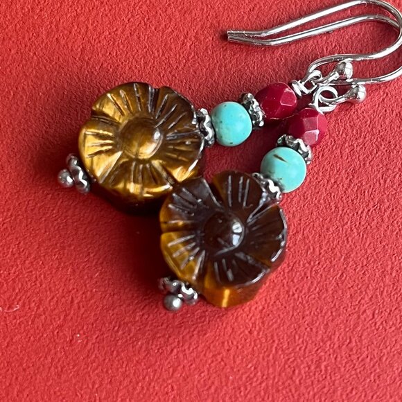 Tiger’s Eye Carved Flower Dangle Earrings, Southwestern Inspired Color Pallet - Picture 2 of 4
